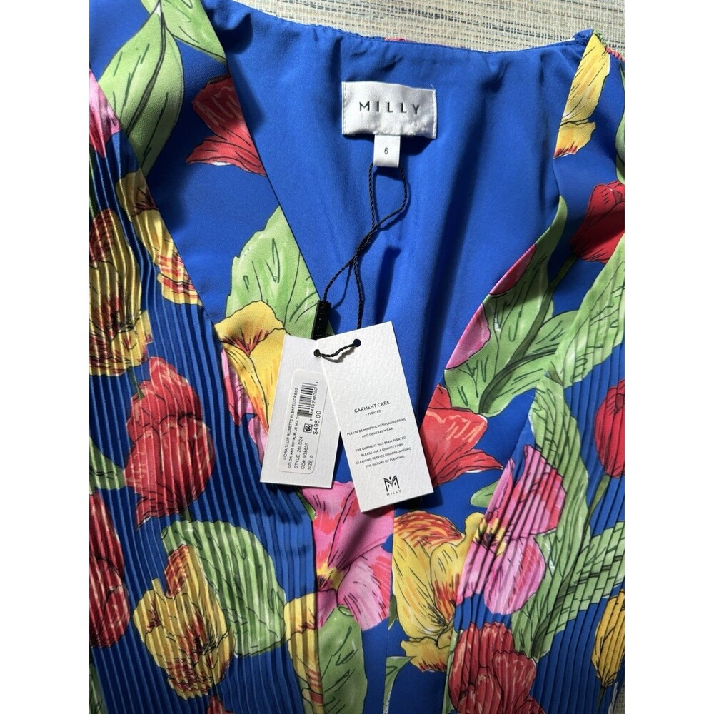 Milly Designer Dress Floral Pleated Tie Liora Tulip Rosette NWT Size Small - Picture 6 of 9